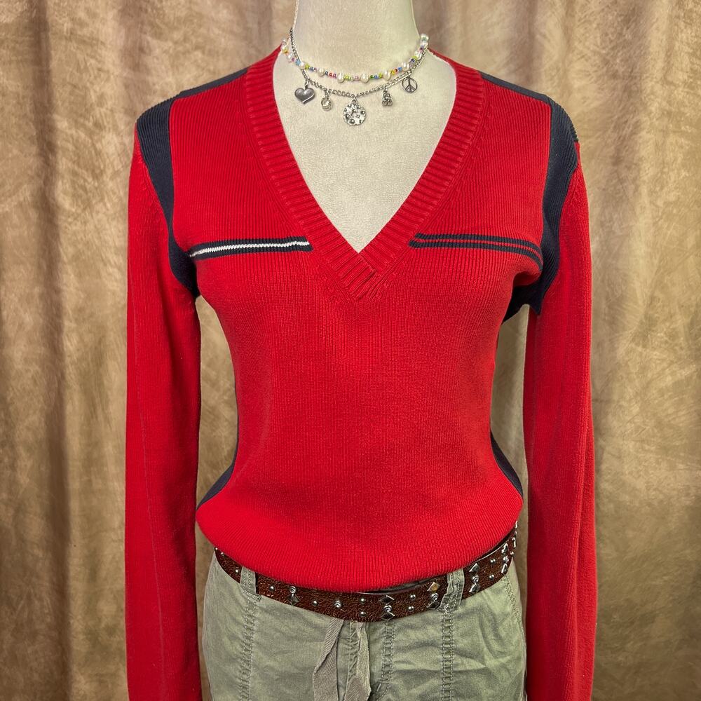 Vintage Y2K Tommy Hilfiger Sweater Ribbed V Neck Side Striped Red Long Sleeve